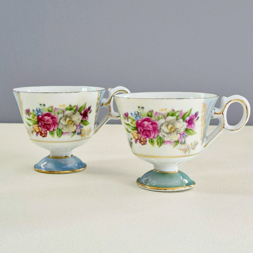 Vintage Floral Lusterware Pedestal Teacup Set of 2, Iridescent Blue & Green